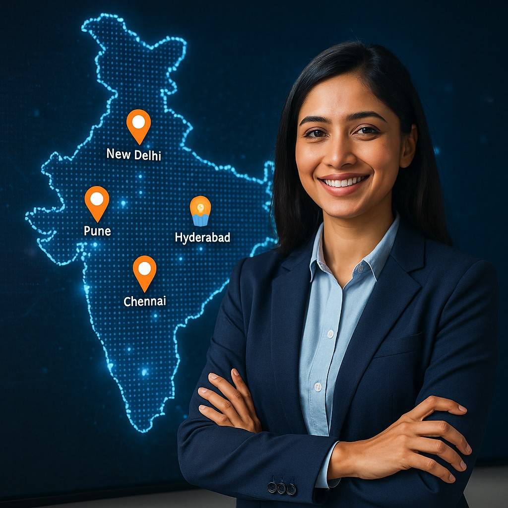 Businesswoman smiling with folded arms beside digital India map showing New Delhi, Pune, Chennai, and Hyderabad