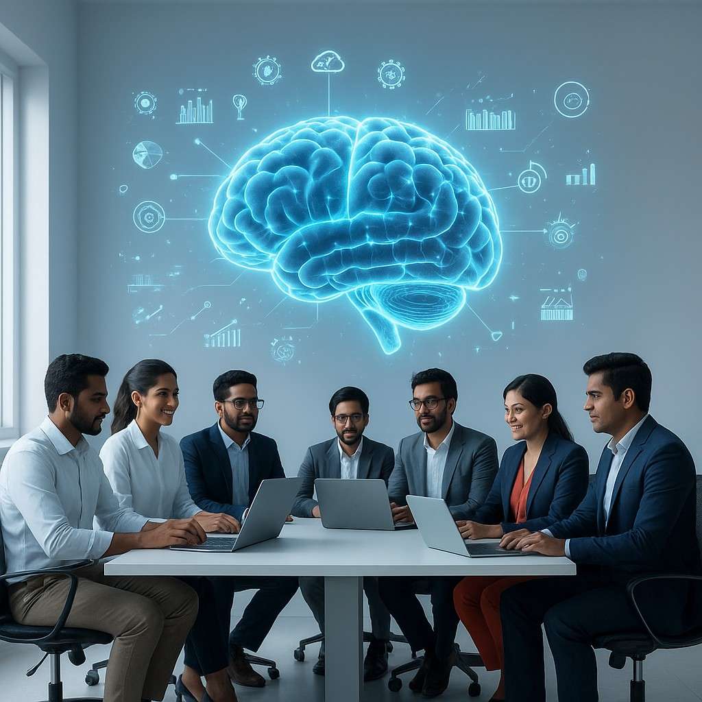 Team of business professionals working on laptops with a glowing digital brain graphic symbolizing AI and innovation